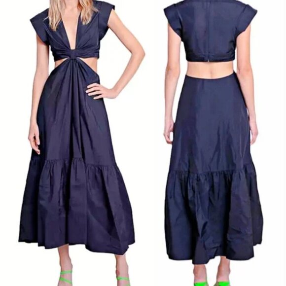 A.L.C. Alexandria Cotton Knotted Front Cut Out Waist Midi Dress Navy $495 - Picture 8 of 9